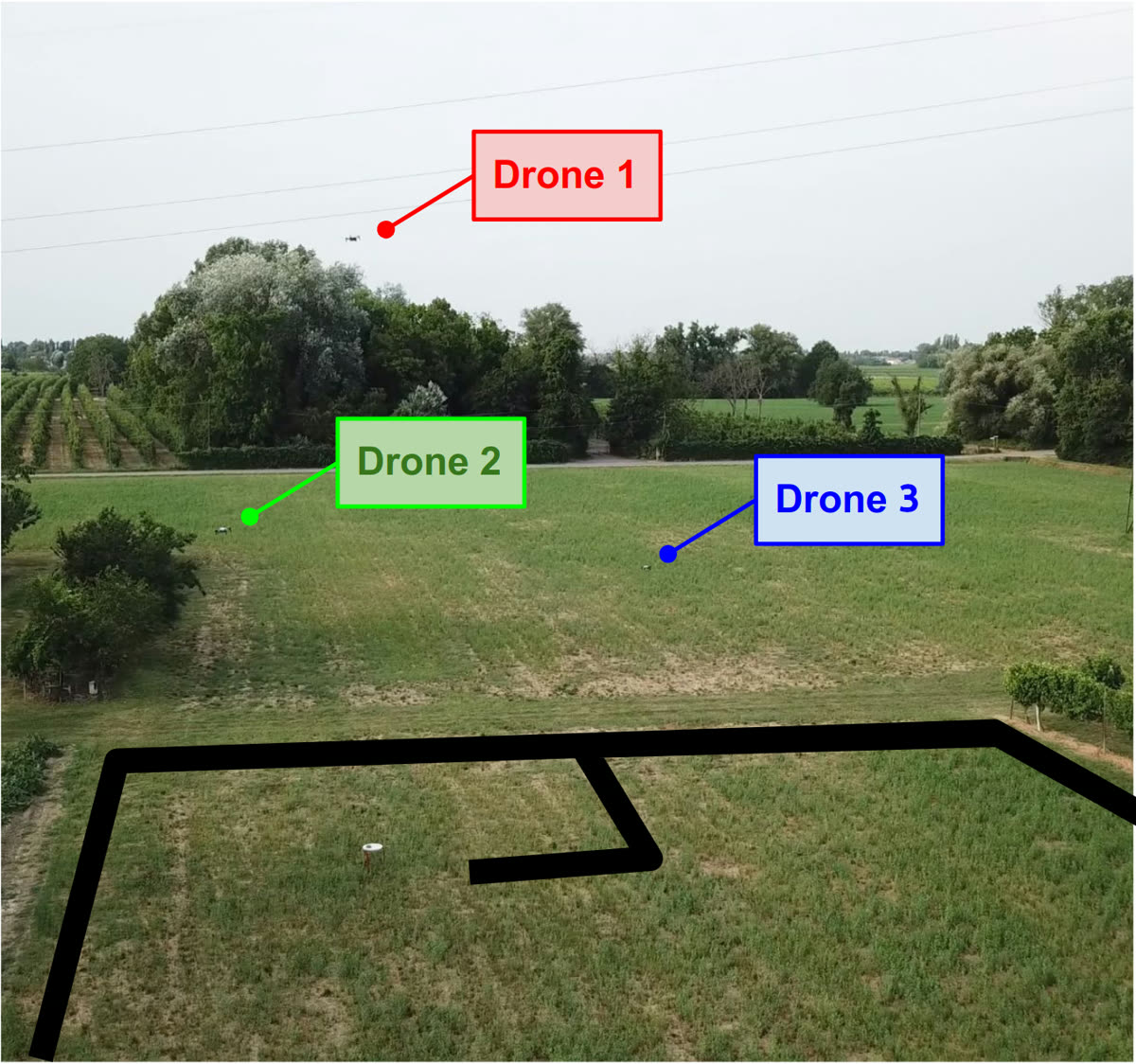 Three Uvify IFO-S drones during a field experiment.