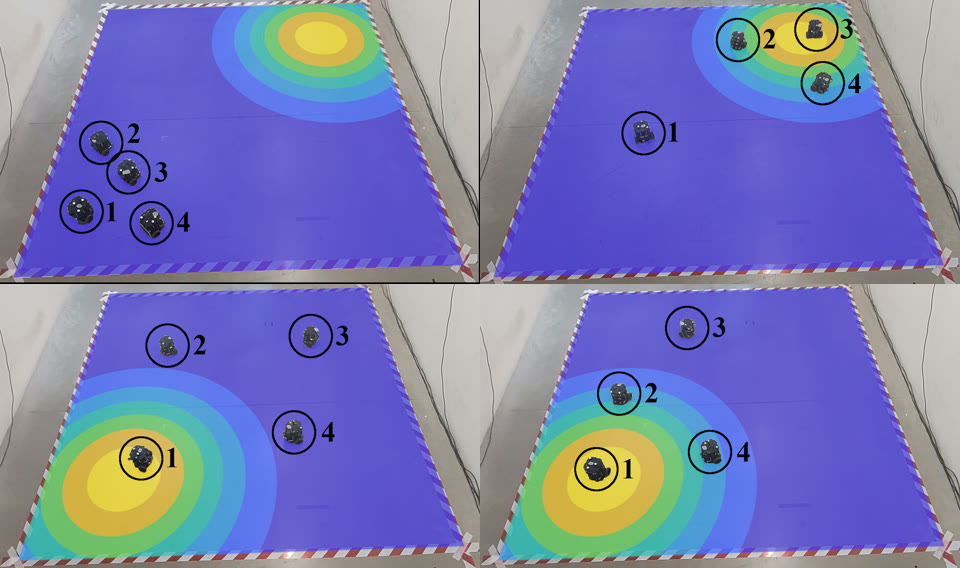 T-RO, four TurtleBot3 (t = 1, 100, 150, 200 s). The field jumps at t ≈ 100 s; the team spreads out, re-learns it and re-covers it.